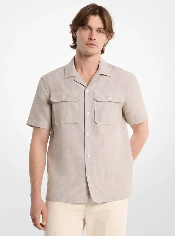 Michael Kors Mens MK Camicia in cotone e lino a righe - Verde - Michael Kors