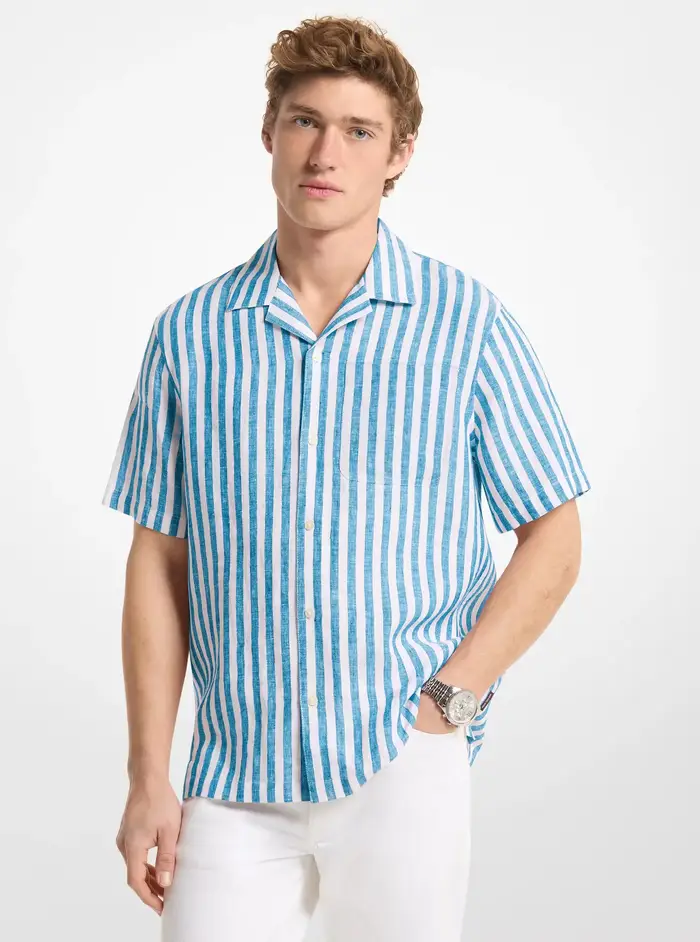 Michael Kors Mens MK Camicia in lino a righe - Blu - Michael Kors
