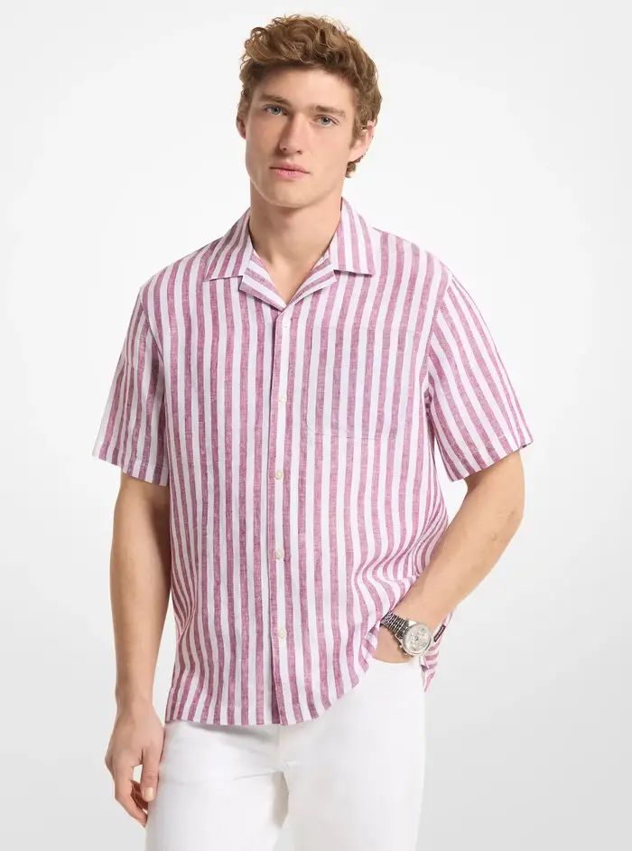 Michael Kors Mens MK Camicia in lino a righe - Viola - Michael Kors