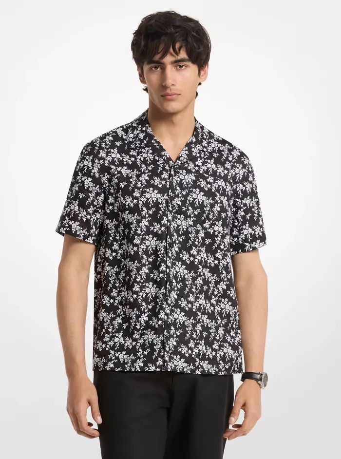 Michael Kors Mens MK Camicia in lino con stampa floreale - Nero - Michael Kors
