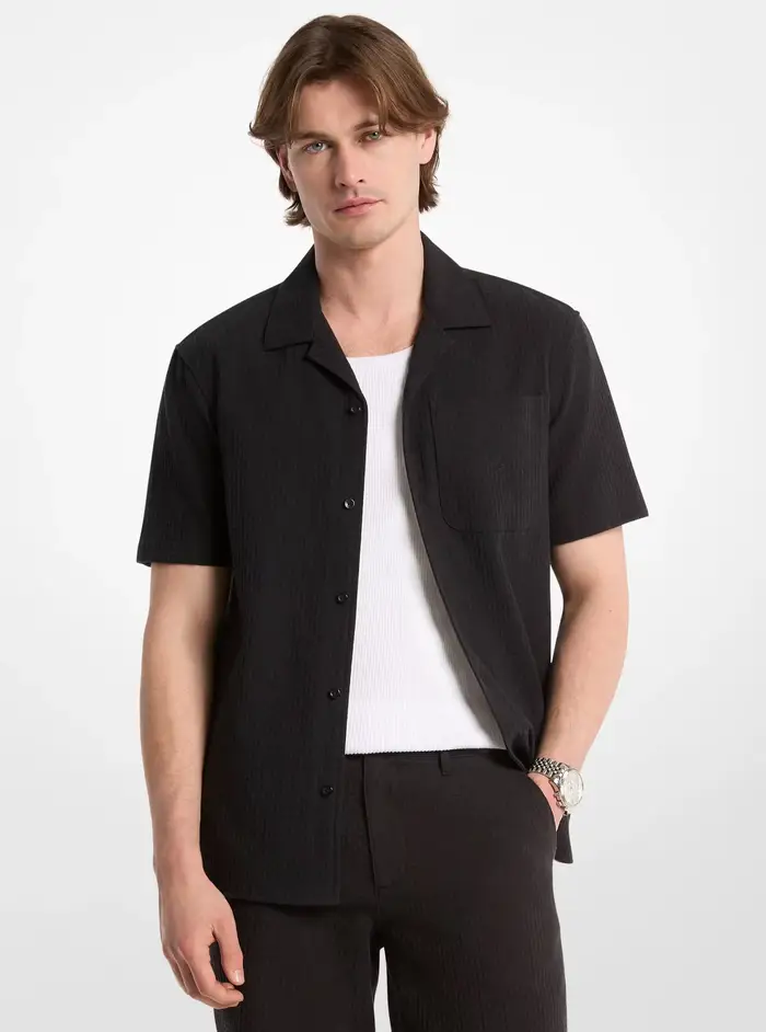 Michael Kors Mens MK Camicia stile cubano in cotone a nido d ape - Nero - Michael Kors