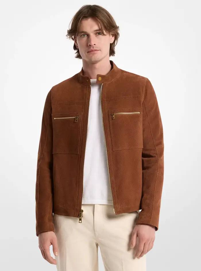 Michael Kors Mens MK Giacca Racer in pelle scamosciata con doppia zip - Marrone - Michael Kors