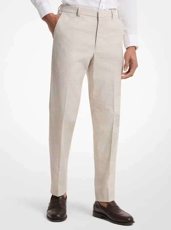 Michael Kors Mens MK Pantalone in cotone e lino stretch a quadri - Naturale - Michael Kors
