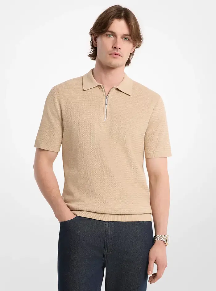 Michael Kors Mens MK Polo in maglia di cotone con zip - Naturale - Michael Kors