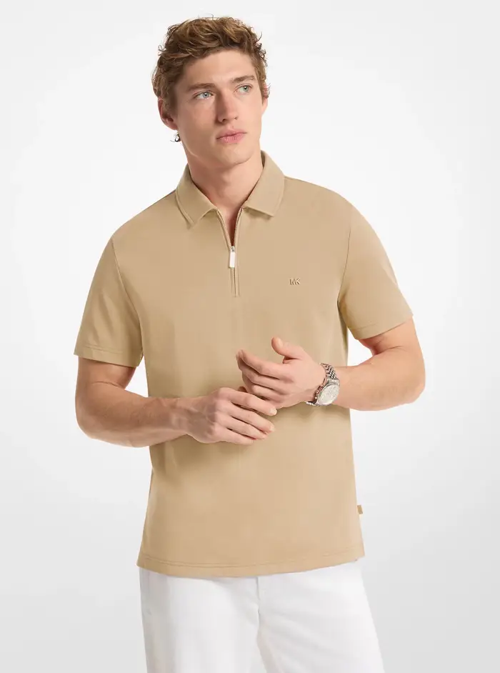 Michael Kors Mens MK Polo in piqué di misto cotone con zip - Naturale - Michael Kors