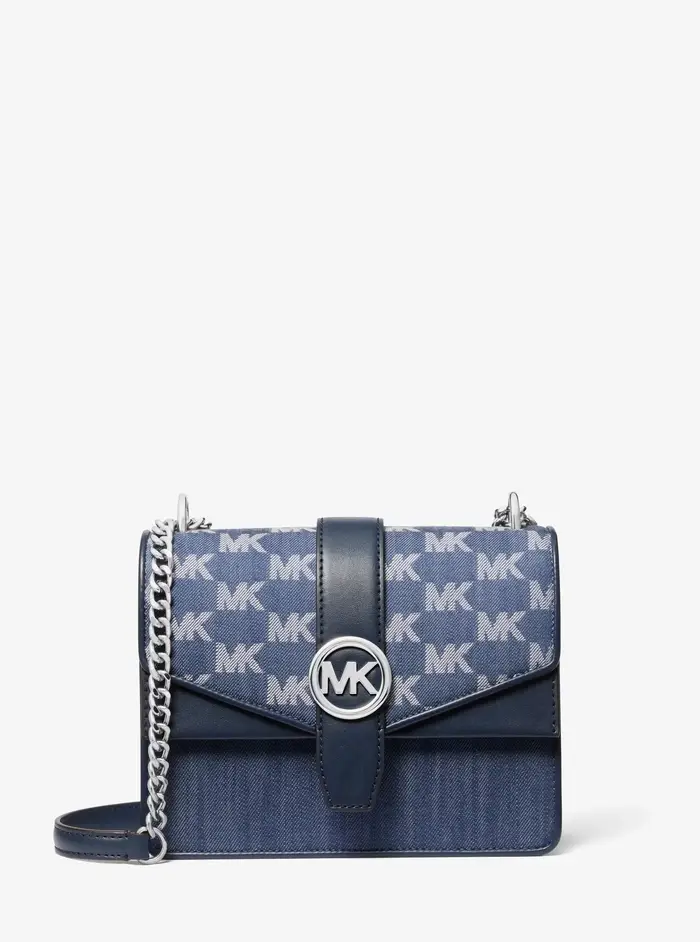 Michael Kors Outlet MK Borsa a tracolla Greenwich piccola in denim jacquard con logo - Blu - Michael Kors