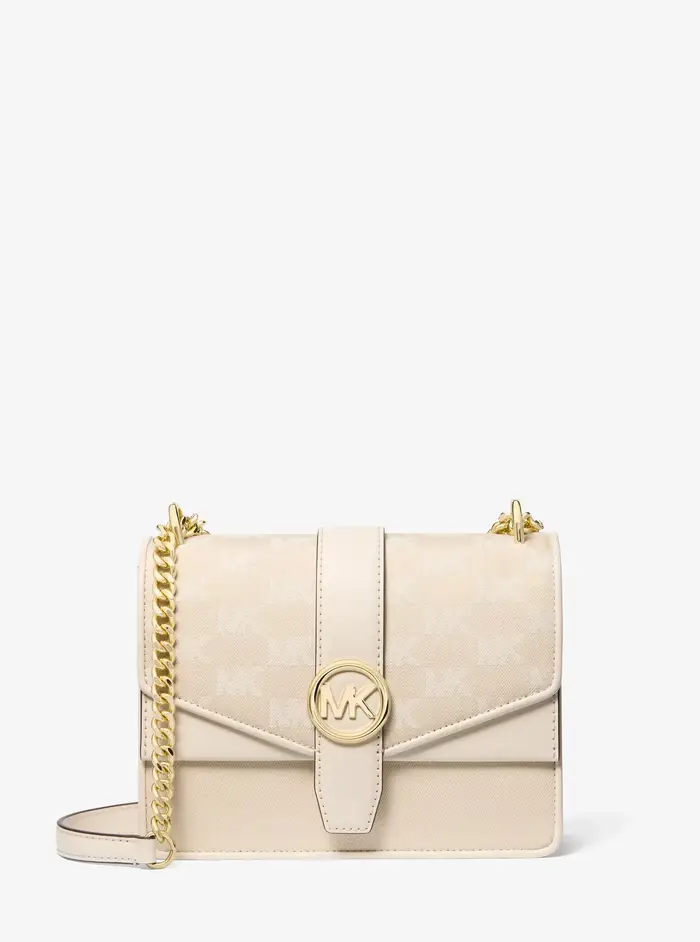 Michael Kors Outlet MK Borsa a tracolla Greenwich piccola in denim jacquard con logo - Naturale - Michael Kors