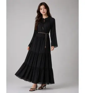 Michael Kors per donna MT683L17R3 Vestito lungo con collo annodato e smock nero, Casual, Da sera, Manica lunga, Polister riciclato