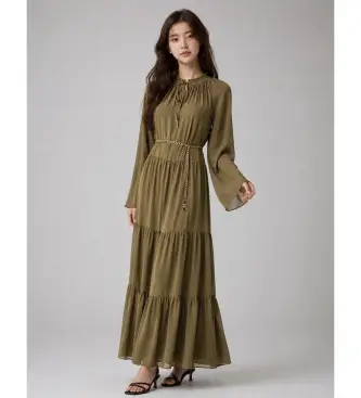Michael Kors per donna MT683L17R3 Vestito maxi con collo annodato smock verde, Casual, Da sera, Manica lunga, Polister riciclato