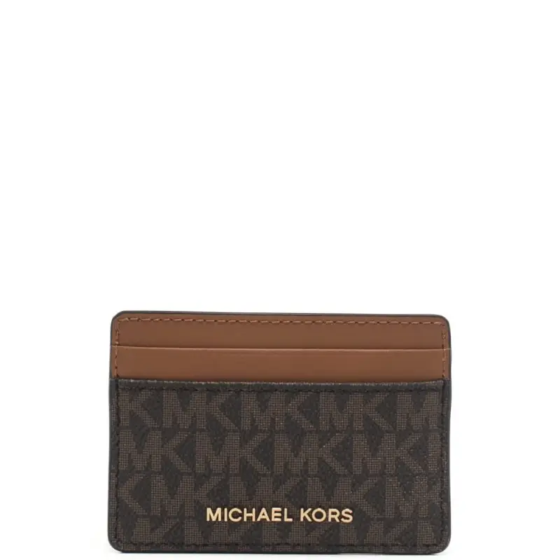 Michael Kors portacarte da donna in vera pelle con logo all over e logo lettering sul davanti marrone