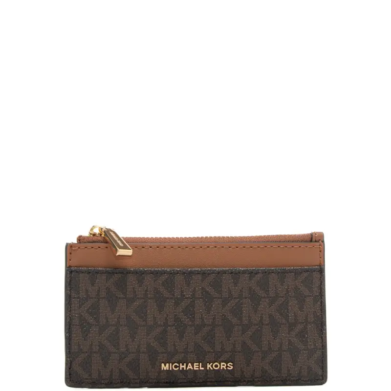 Michael Kors portacarte da donna in vera pelle con stampa pattern logo monogram marrone acorn
