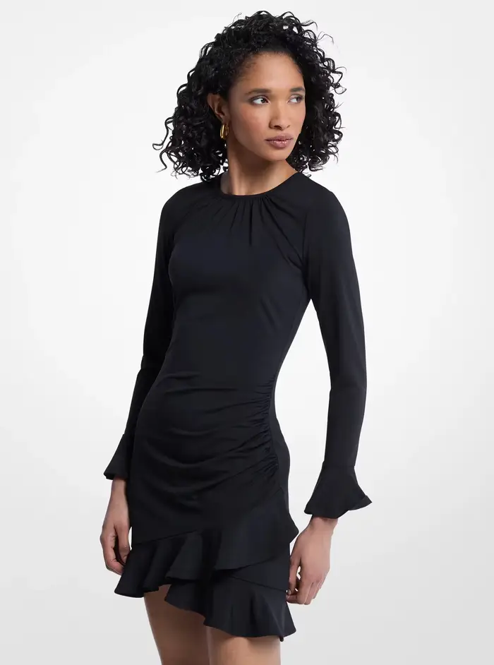 MK Abito in jersey stretch opaco con volant - Nero - Michael Kors