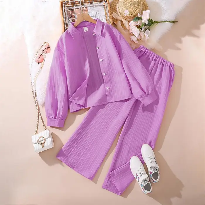 Set da Ragazza 4-16 Anni Camicia Cappotto a Maniche Lunghe + Pantaloni Lunghi Casual Larghi per Ragazze Abiti Stile Coreano Set di Vestiti Estivi alla Moda 130 violetto