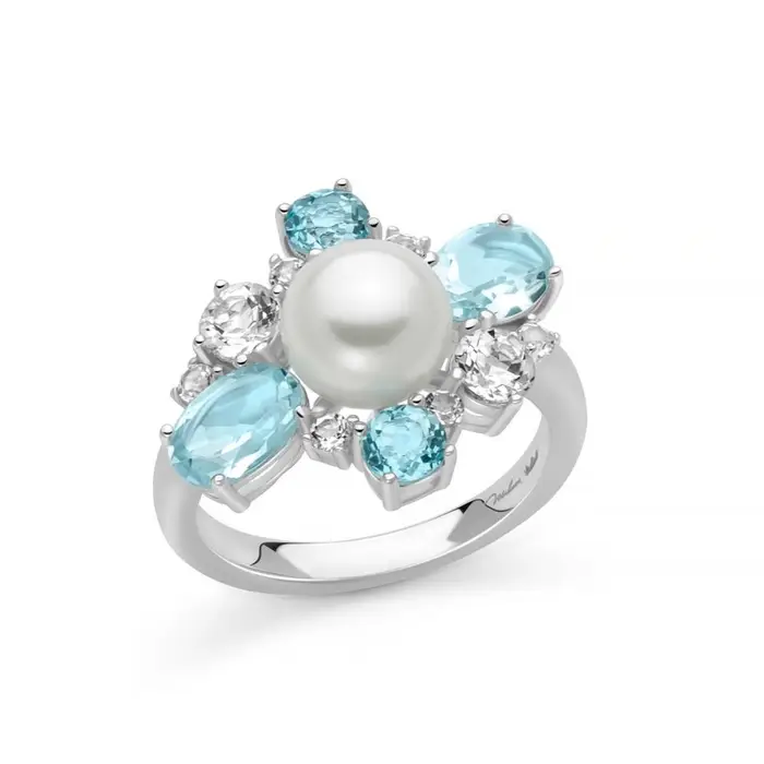 MILUNA Anello Celestia Con Perla E Topazi Bianchi