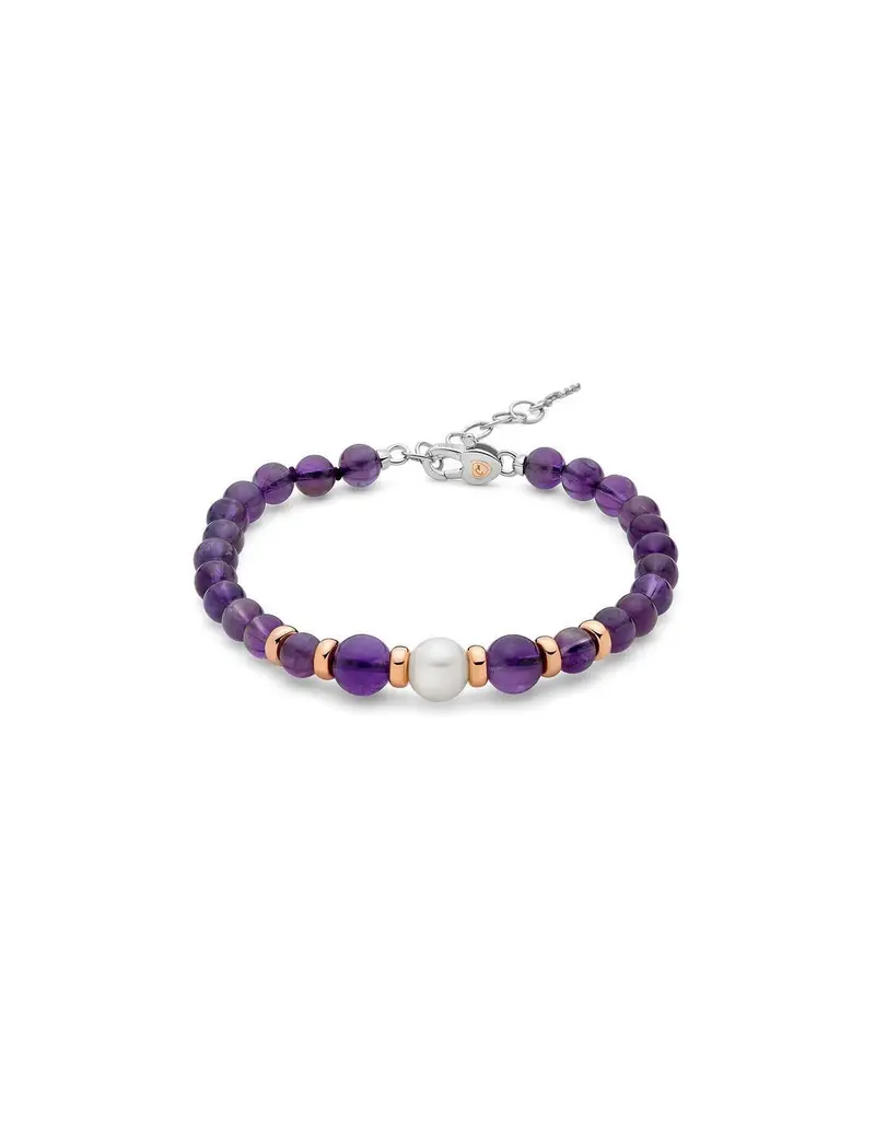 Miluna Bracciale in argento 925 placcato oro rosa con perla e ametista PBR3539