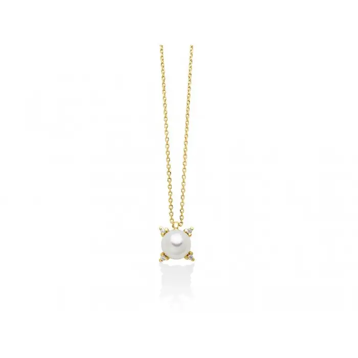 MILUNA Collana Con Perla Oriente Incorniciata Da Quattro Diamanti In Oro Giallo 375