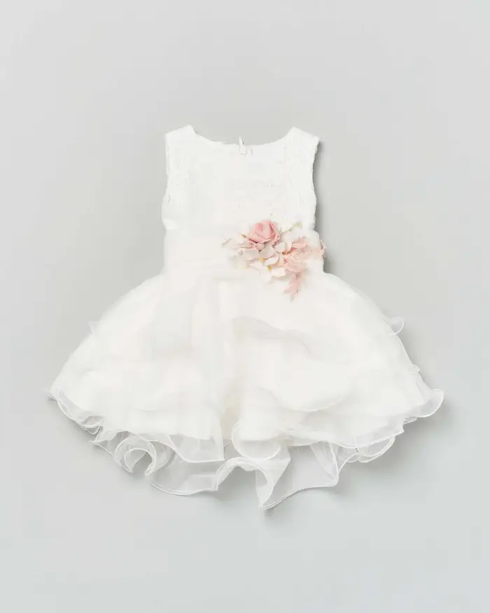 Abito avorio Mimilù con gonna in tulle ad onde e fascia a fiori