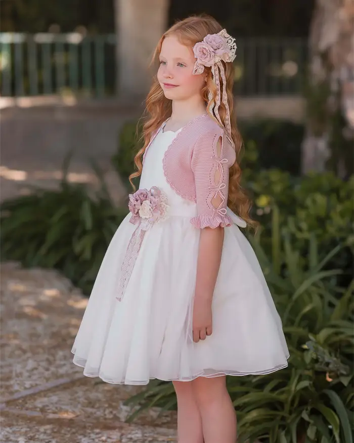 Abito avorio Mimilù in tulle con gonna ampia fascia a fiori e maxi fiocco