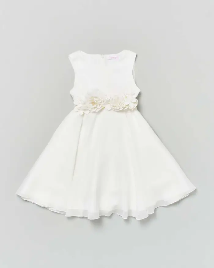 Abito avorio Mimilù in tulle con gonna ampia fascia a fiori e maxi fiocco