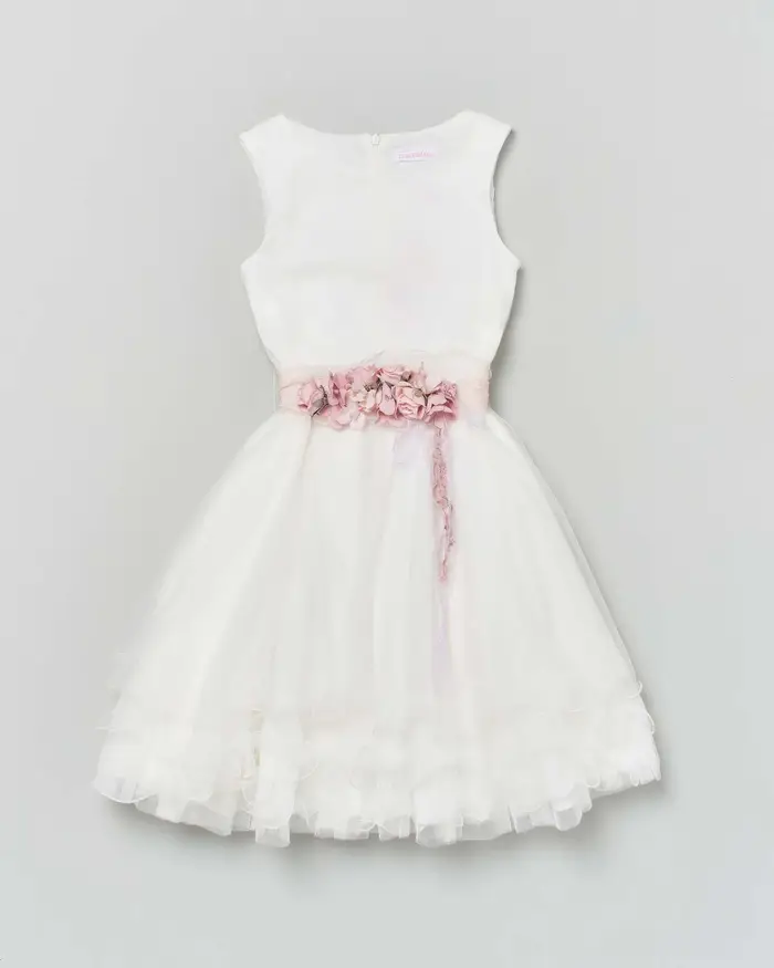 Abito avorio Mimilù in tulle con gonna ampia fascia a fiori e maxi fiocco