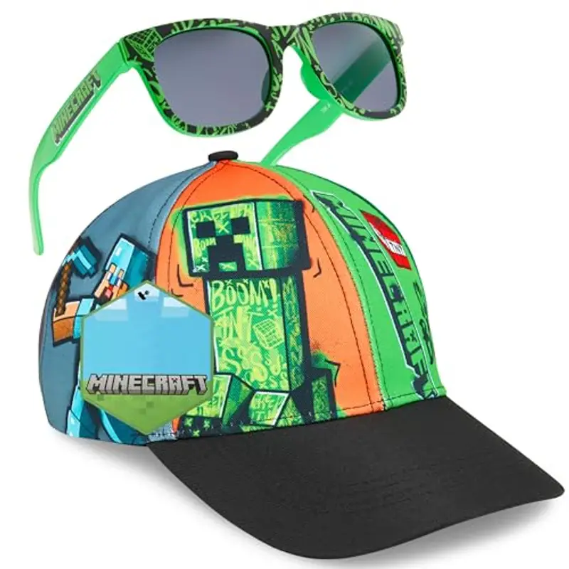 MINECRAFT Occhiali Sole Cappello Bambino Set Creeper Berretto Baseball Regolabile con Visiera e 100% UV Occhiali da Sole (6-14 Anni, Multi)