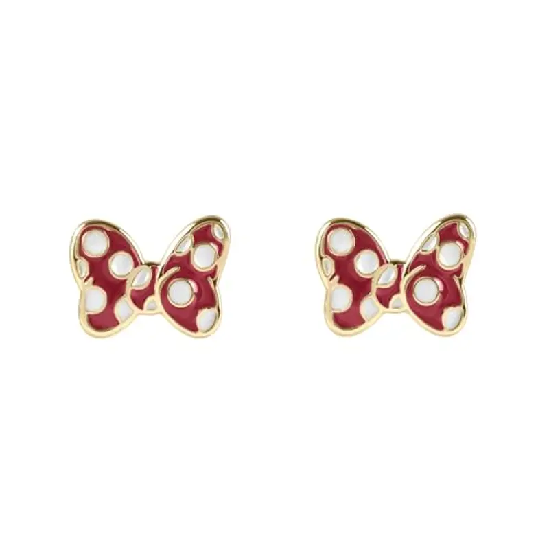 Disney Minnie Mouse - Orecchini a perno placcati in oro con fiocco rosso a pois, Misura unica, Ottone placcato oro, Nessuna pietra preziosa