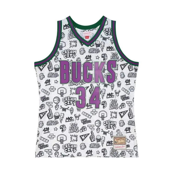 Canottiera Milwaukee BUCks NBA Doodle Swingman 2000 Ray Allen Blanc