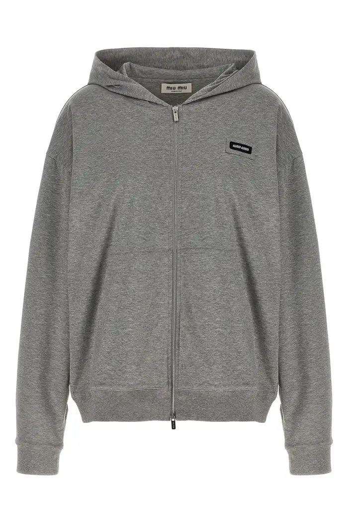 MIU MIU Felpa Con Cappuccio Logo Grigio