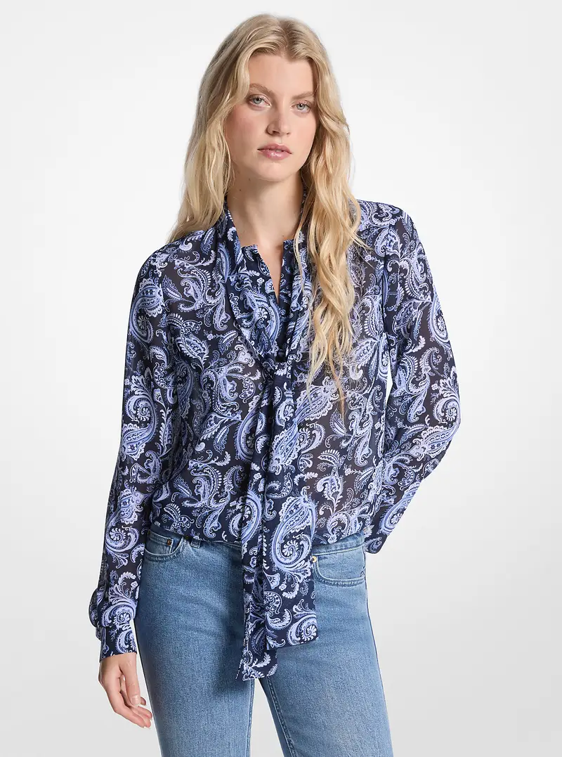 MICHAEL Michael Kors MK Blusa in georgette con stampa paisley e colletto con nastro - Blu - Michael Kors
