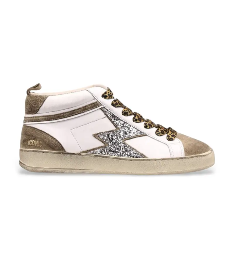 MOA Concept per donna IMD140 Sneakers iconiche in pelle bianca media, Bianco, Basso, Stringhe, Casual Argento