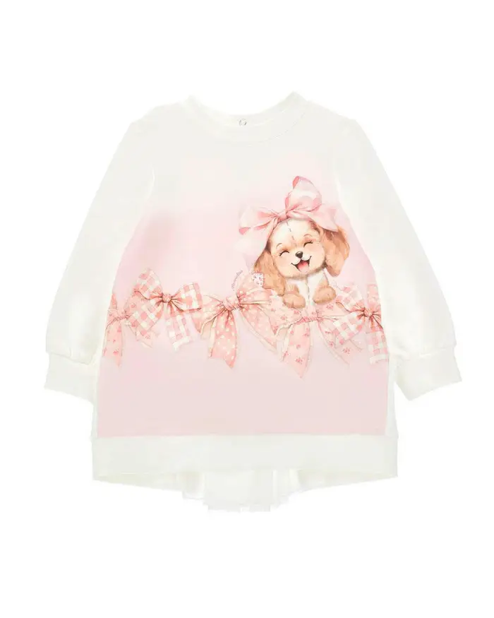 Monnalisa Abito color avorio a maniche lunghe in felpa di cotone stretch con cagnolino e fiocchi