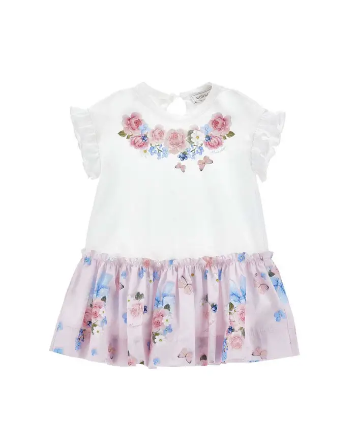Monnalisa Abito in cotone stretch bianco e rosa con fiori e farfallle