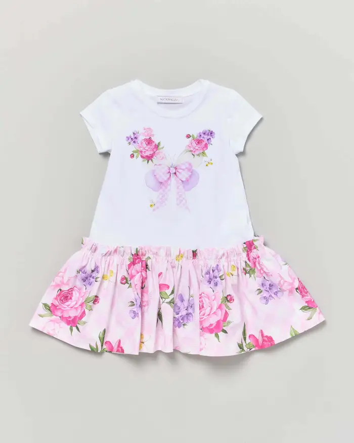 Monnalisa Abito in cotone stretch bianco e rosa con fiori e farfallle