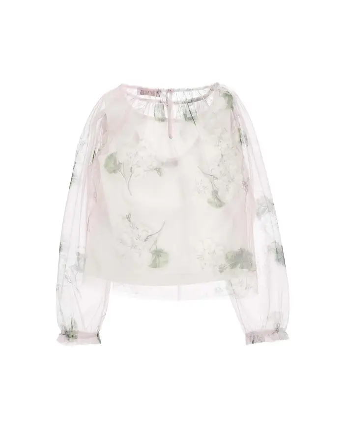 Monnalisa Blusa in tulle rosa con fiori e canotta bianca