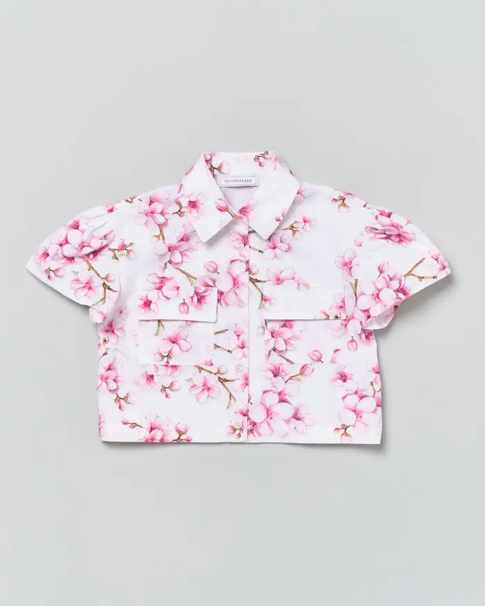 Monnalisa Camicia bianca cropped con fiori di pesco rosa