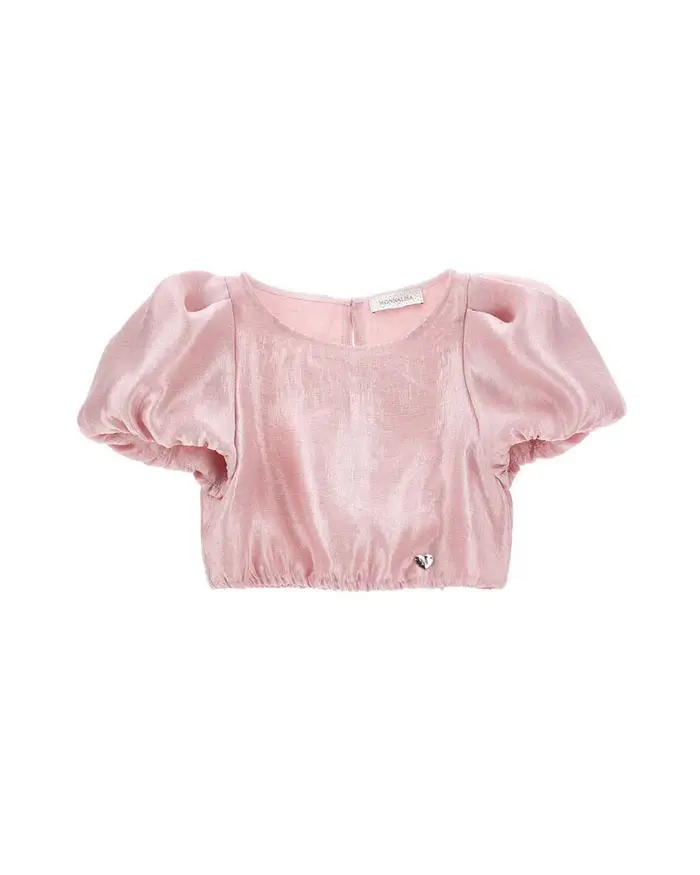 Monnalisa Camicia cropped rosa in raso a maniche corte
