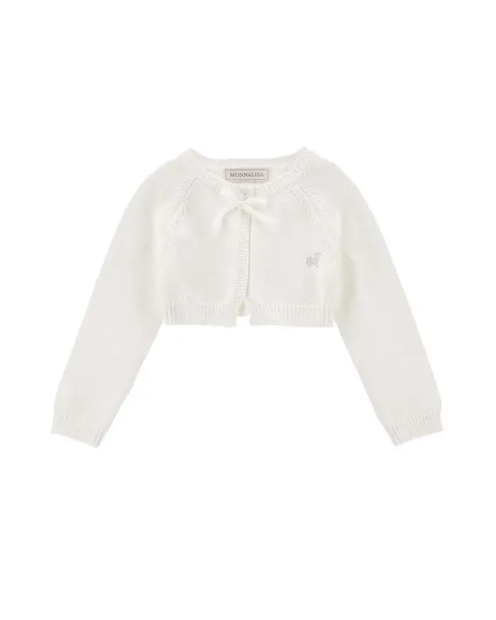 Monnalisa Cardigan cropped in puro cotone bianco con fiocco