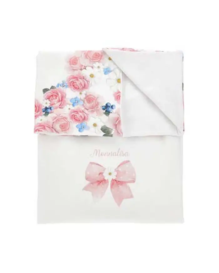 Monnalisa Coperta bianca in puro cotone con fantasia fiori e farfalle