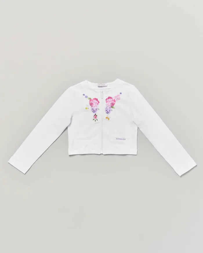 Monnalisa Felpa bianca in cotone stretch con fiori e zip