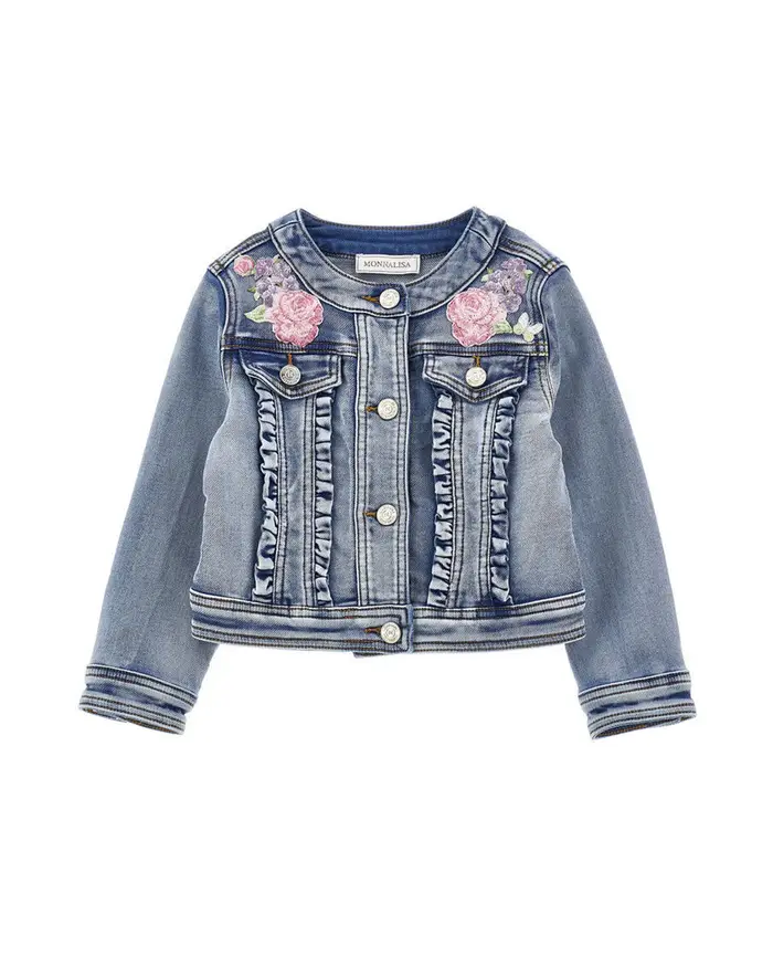 Monnalisa Giacca in denim con rouches e patch floreali