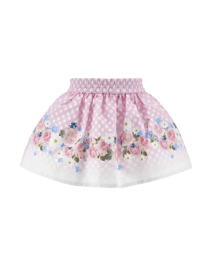Monnalisa Gonna in popeline a quadri bianca e rosa con stampa floreale