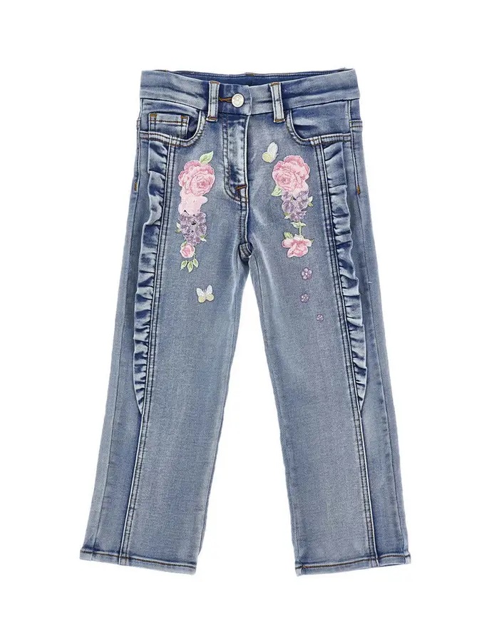 Monnalisa Jeans regular fit lavaggio medio con rouches e patch fiori applicati