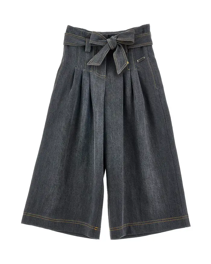Monnalisa Pantalone palazzo in denim grigio con fiocco in vita