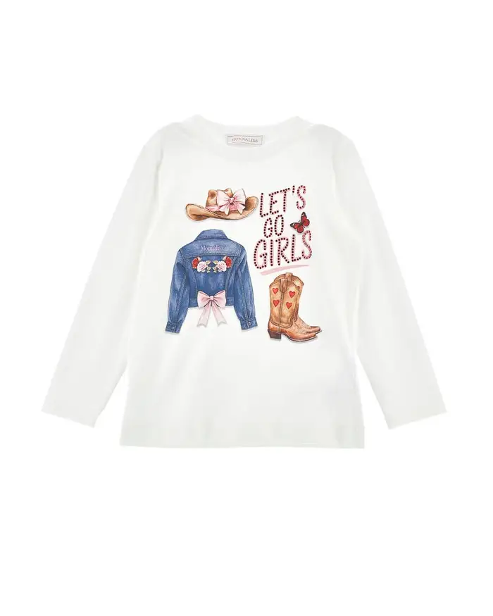 Monnalisa T-shirt avorio in misto cotone a maniche lunghe con stampa cowgirl