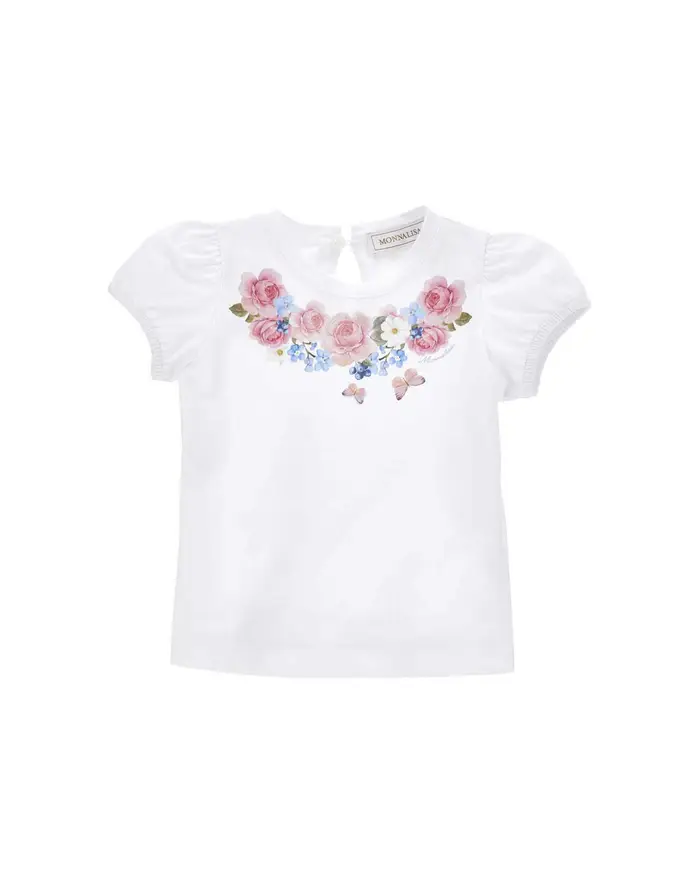 Monnalisa T-shirt bianca in cotone con maniche a sbuffo e stampa fiori e farfalle