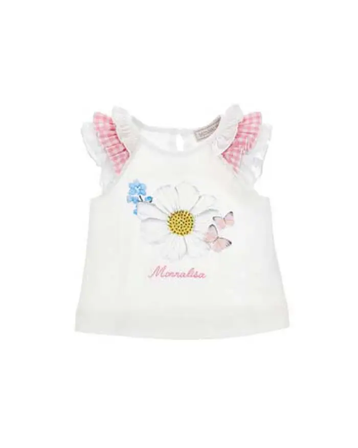 Monnalisa T-shirt bianca in cotone con volant e stampa fiori e farfalle