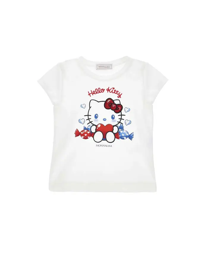 Monnalisa T-shirt X Hello Kitty bianca in misto cotone con stampa