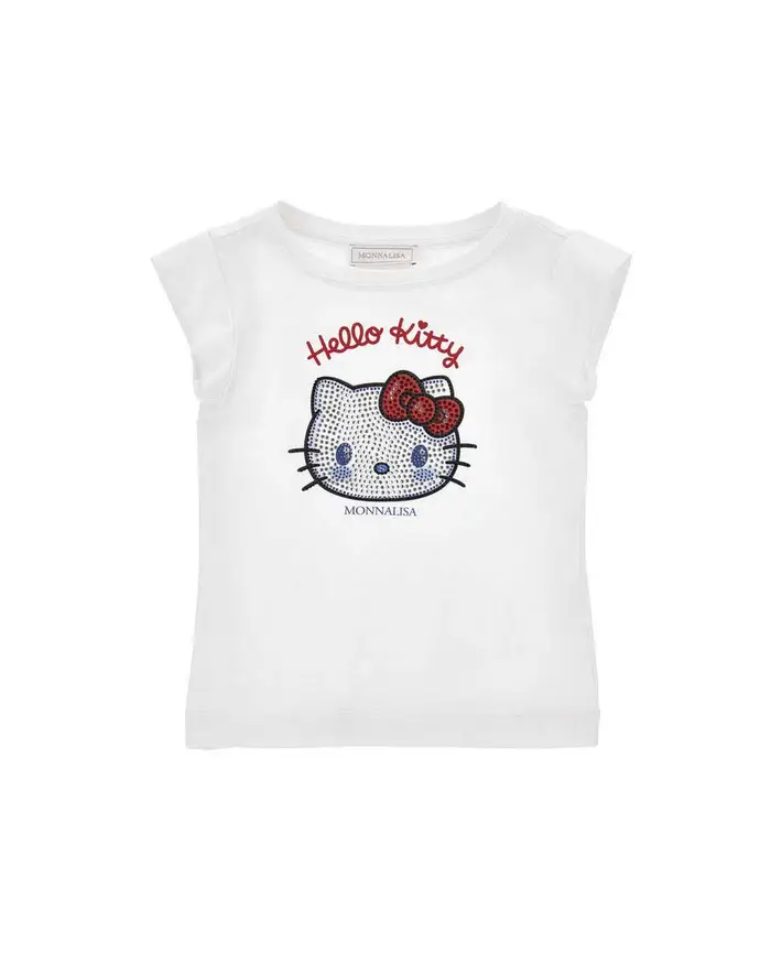 Monnalisa T-shirt X Hello Kitty bianca in misto cotone con strass