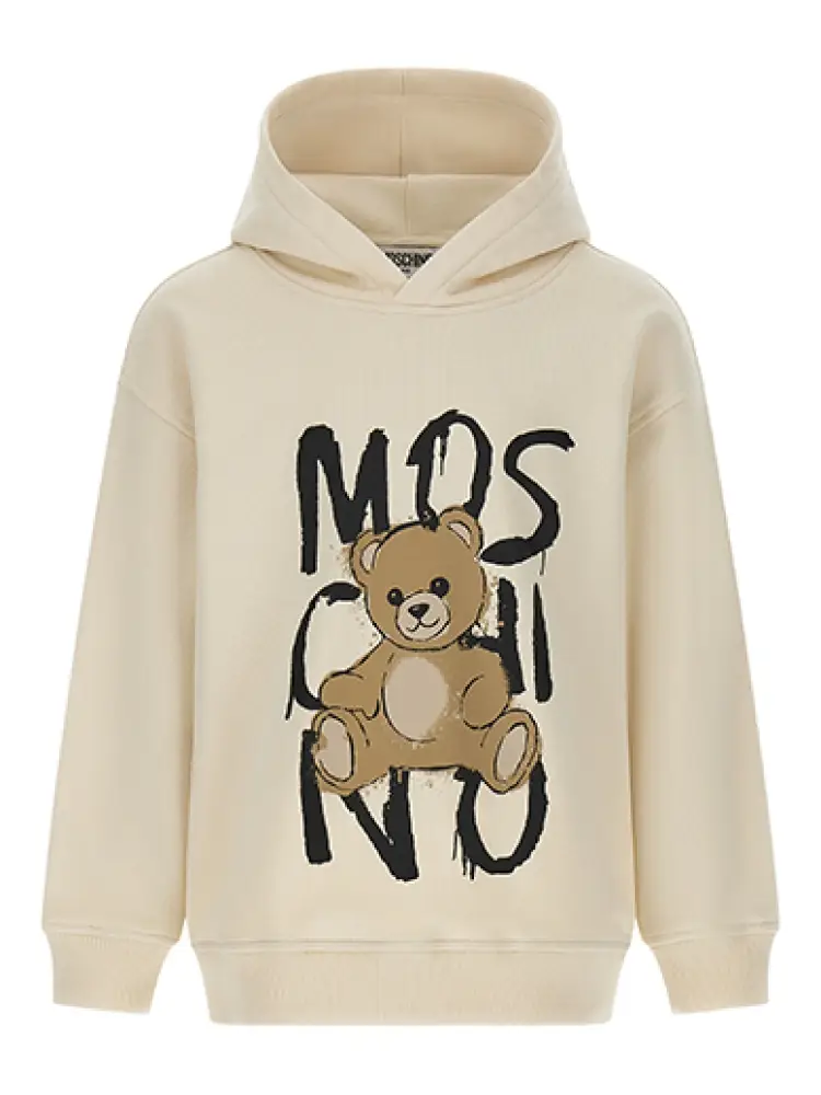 felpa con cappuccio kids/junior in cotone avorio con logo e stampa teddy