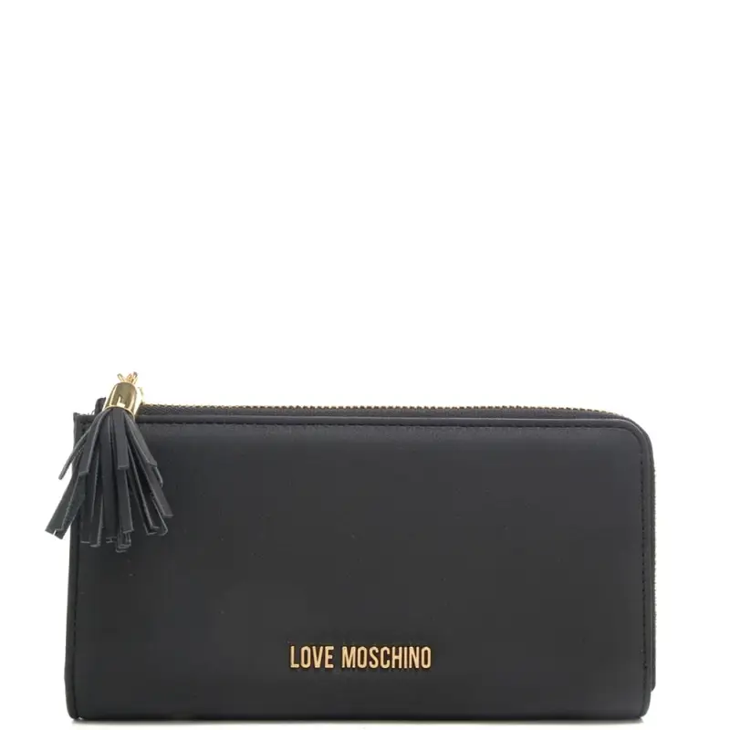 Moschino portafoglio grande da donna con logo lettering in metallo sul davanti e nappina nero
